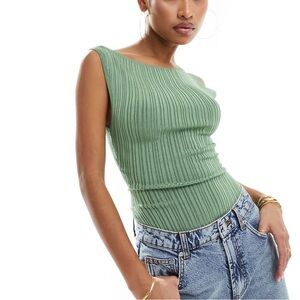 Abercrombie & Fitch Glossy Slash Ribbed Knit Stretchy High Neck Bodysuit